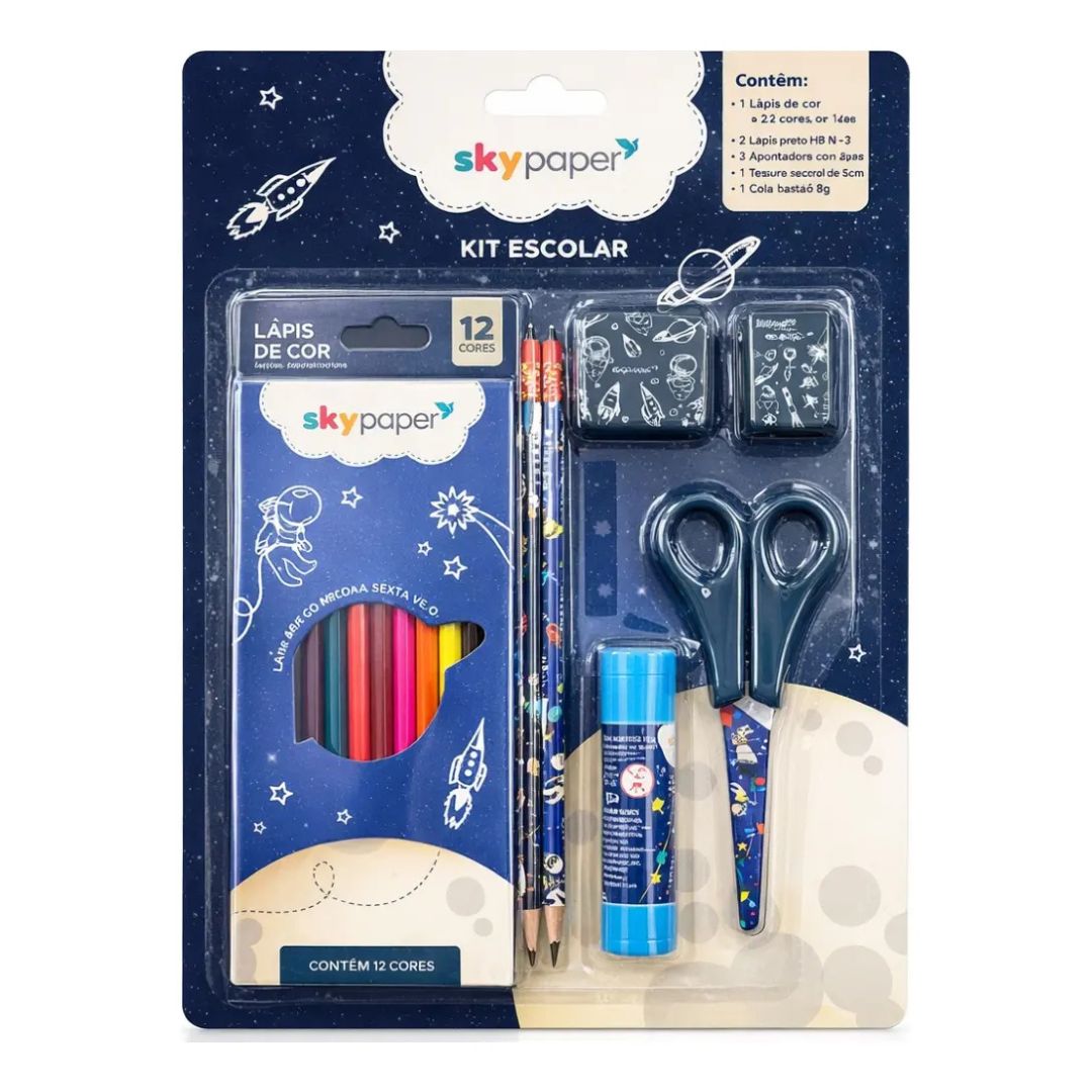 Kit Escolar Astronauta c/7 Peças Lápis de Cor Tesoura Cola Borracha Apontador Volta as Aulas Infantil