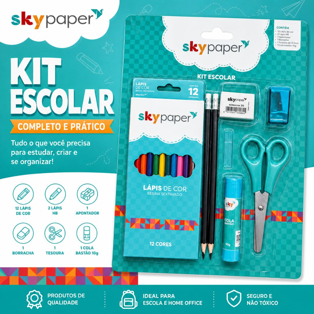 Kit Escolar C/7 Peças Volta as Aulas Tesoura Cola Lápis de Cor Borracha Apontador Menino Menina Desenhar Colorir Ativida - Imagem 2