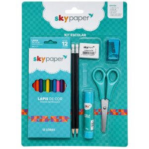 Kit Escolar C/7 Peças Volta as Aulas Tesoura Cola Lápis de Cor Borracha Apontador Menino Menina Desenhar Colorir Ativida