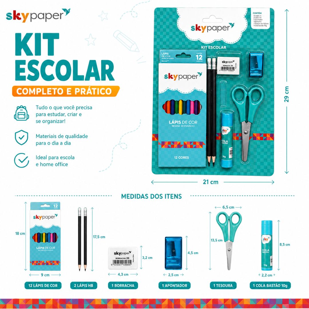 Kit Escolar C/7 Peças Volta as Aulas Tesoura Cola Lápis de Cor Borracha Apontador Menino Menina Desenhar Colorir Ativida - Imagem 3