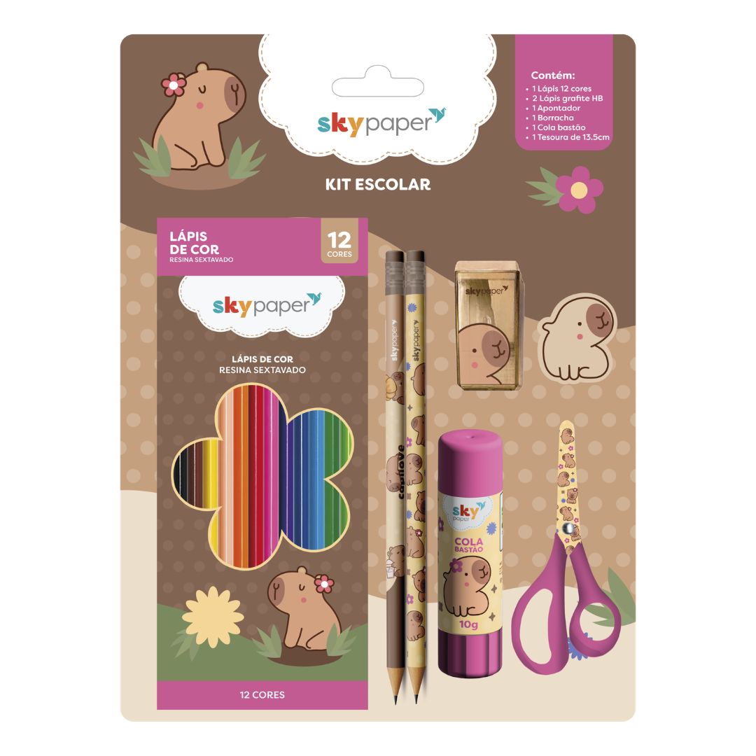 Kit Escolar Capivara C/7 Peças Volta as Aulas Desenhar Colorir Atividades Organização Qualidade Praticidade Diversão Est