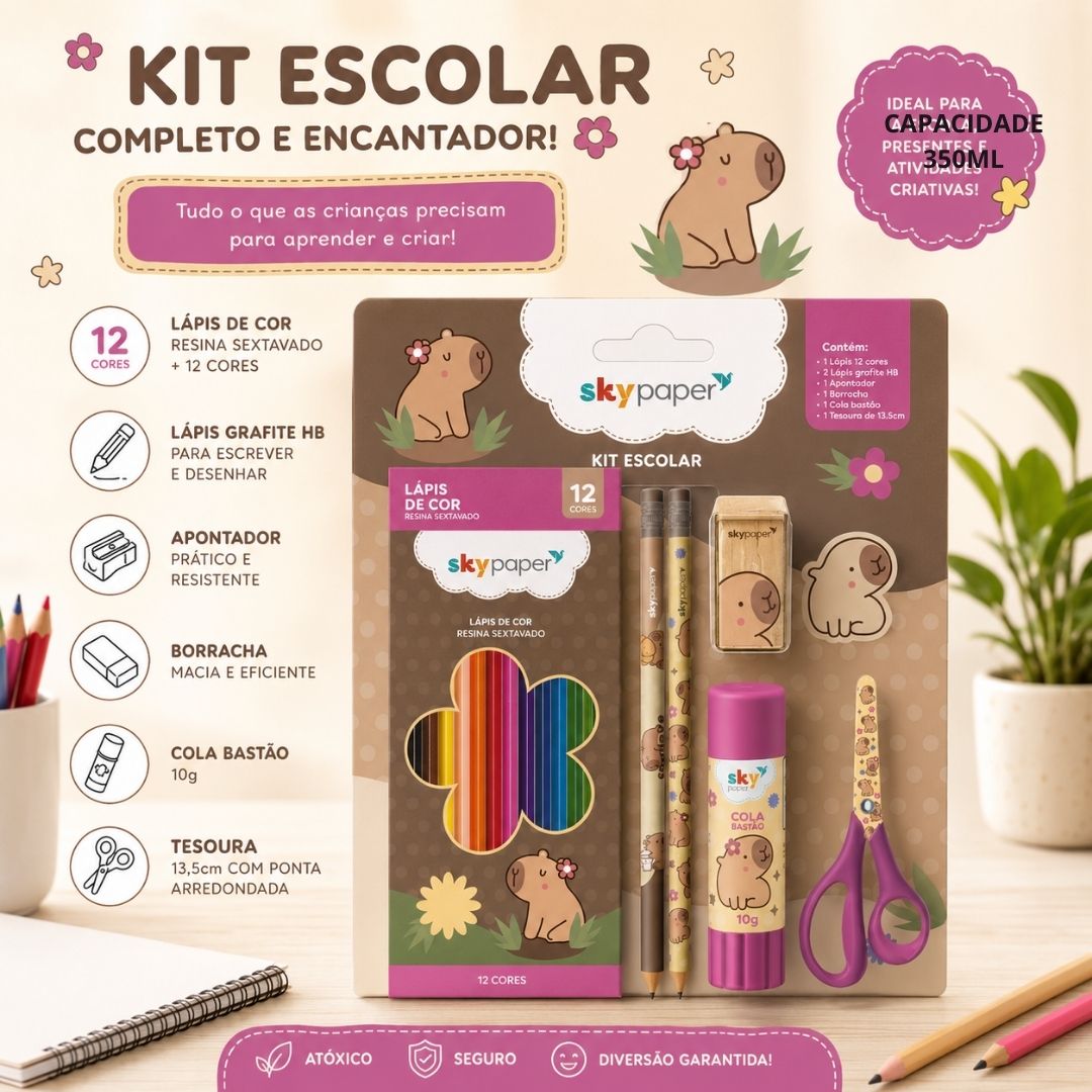 Kit Escolar Capivara C/7 Peças Volta as Aulas Desenhar Colorir Atividades Organização Qualidade Praticidade Diversão Est - Imagem 2