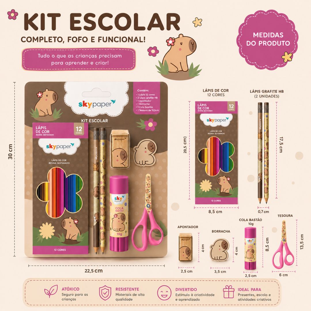 Kit Escolar Capivara C/7 Peças Volta as Aulas Desenhar Colorir Atividades Organização Qualidade Praticidade Diversão Est - Imagem 4