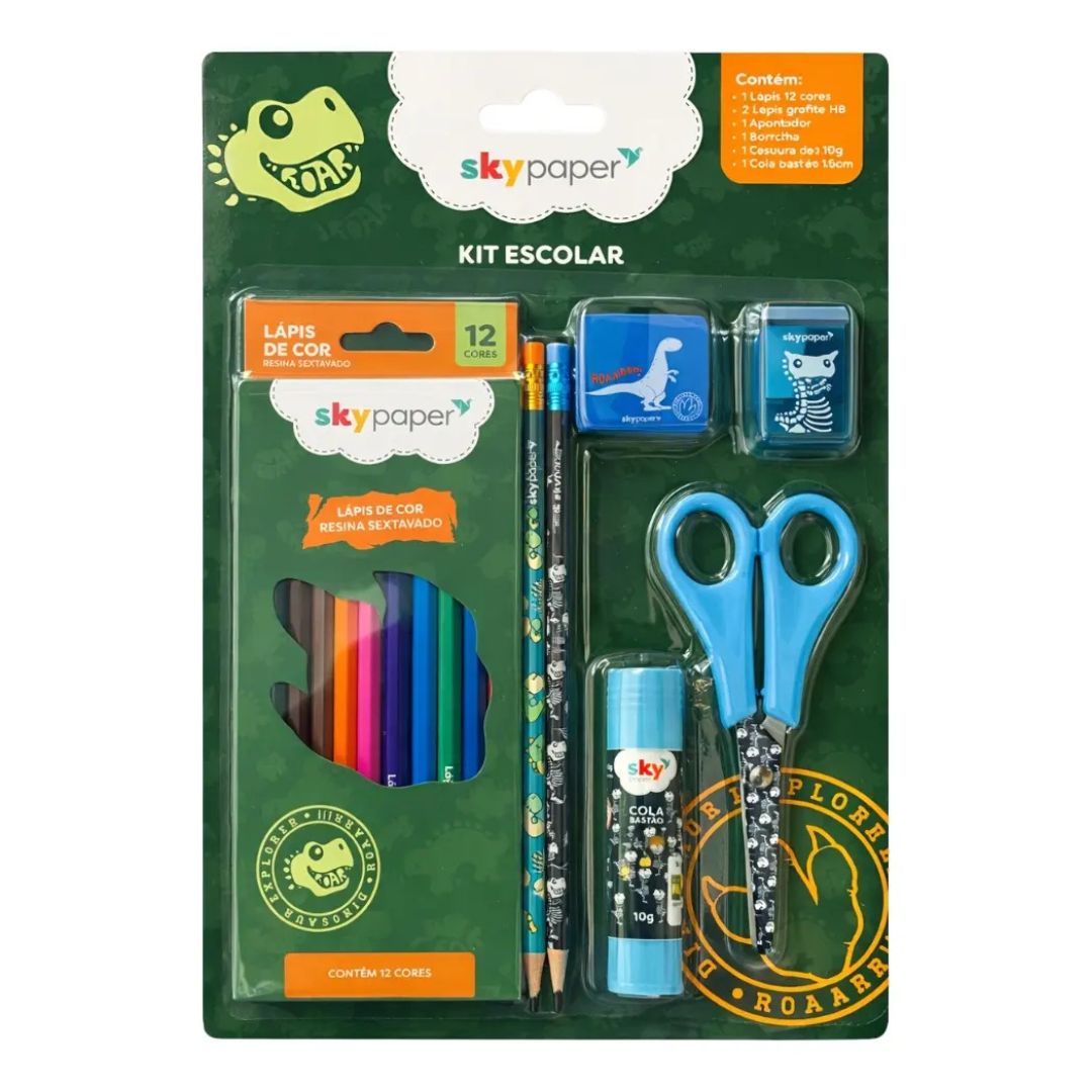 Kit Escolar Dinossauro C/7 Peças Volta as Aulas Desenhar Colorir Atividades Organização Qualidade Praticidade Diversão E