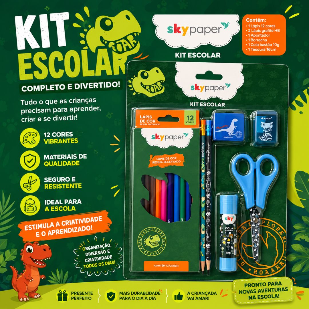 Kit Escolar Dinossauro C/7 Peças Volta as Aulas Desenhar Colorir Atividades Organização Qualidade Praticidade Diversão E - Imagem 2