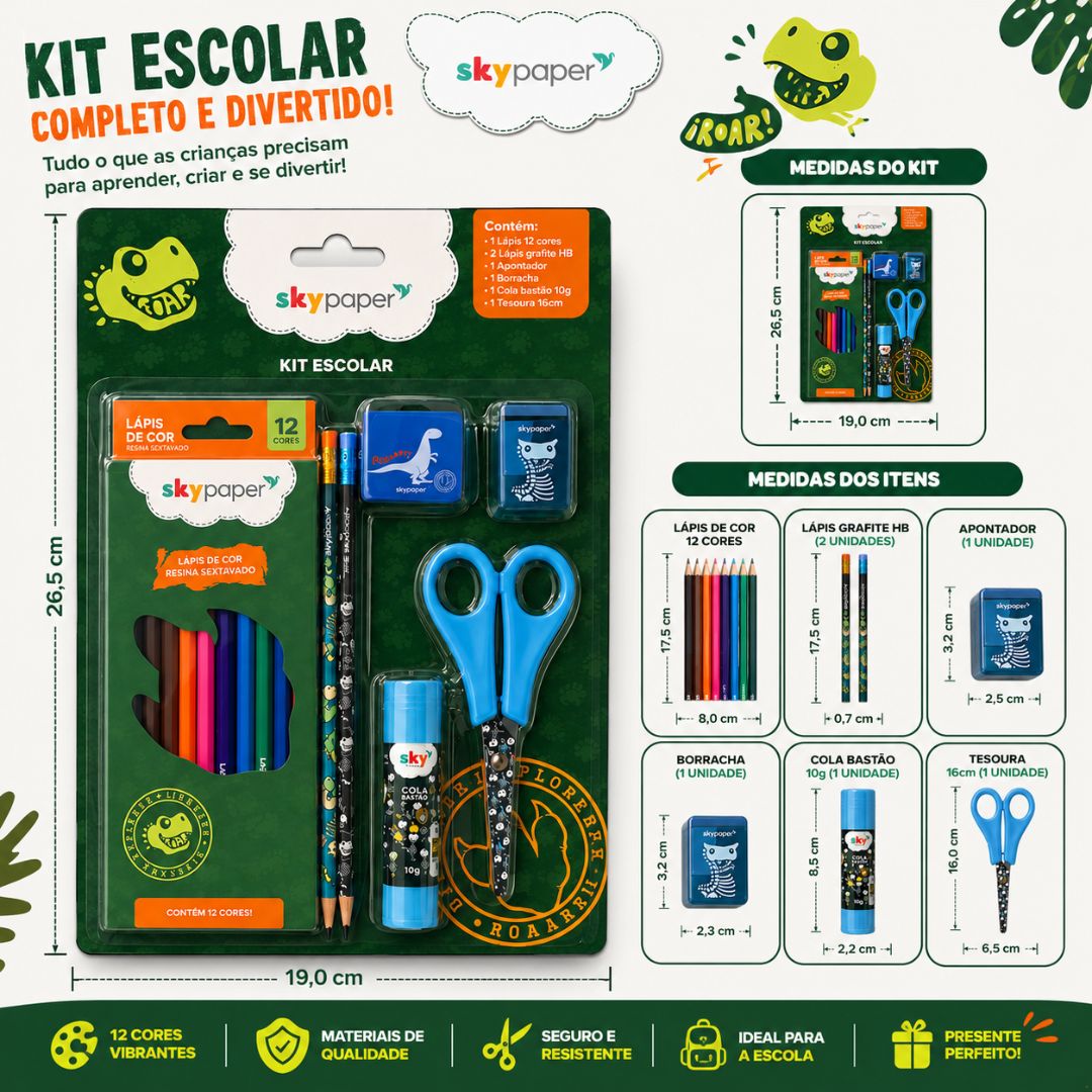Kit Escolar Dinossauro C/7 Peças Volta as Aulas Desenhar Colorir Atividades Organização Qualidade Praticidade Diversão E - Imagem 3