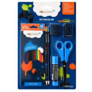 Kit Escolar Gamer c/7 Peças Lápis de Cor Tesoura Cola Borracha Apontador Aula Menino