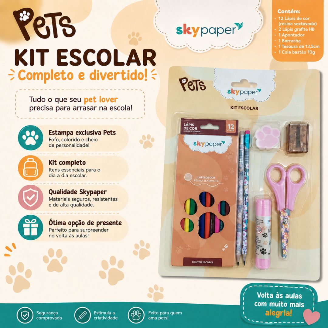 Kit Escolar Pets c/7 Peças Lápis de Cor Tesoura Cola Borracha Apontador Aula Infantil Menino Menina - Imagem 2