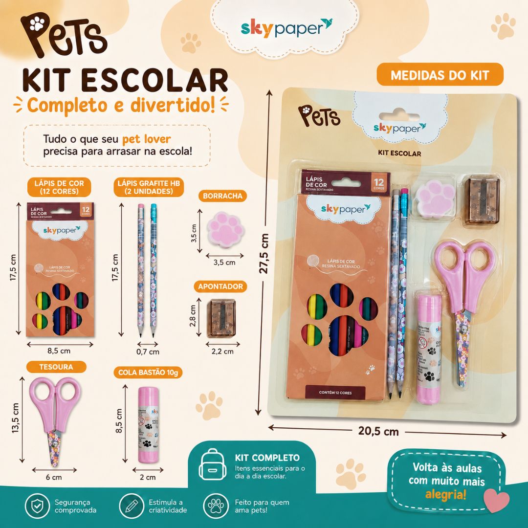 Kit Escolar Pets c/7 Peças Lápis de Cor Tesoura Cola Borracha Apontador Aula Infantil Menino Menina - Imagem 3