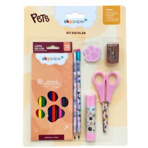 Kit Escolar Pets c/7 Peças Lápis de Cor Tesoura Cola Borracha Apontador Aula Infantil Menino Menina