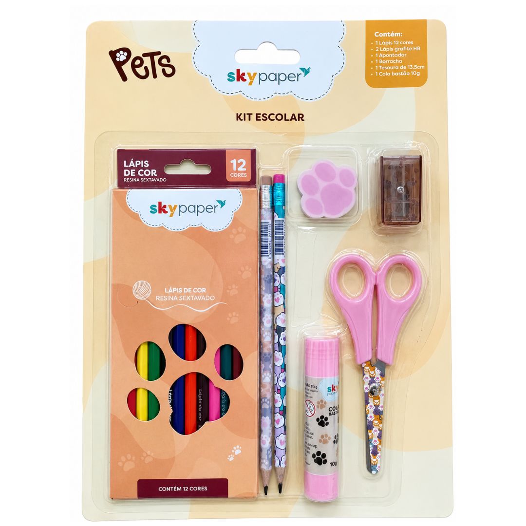 Kit Escolar Pets c/7 Peças Lápis de Cor Tesoura Cola Borracha Apontador Aula Infantil Menino Menina