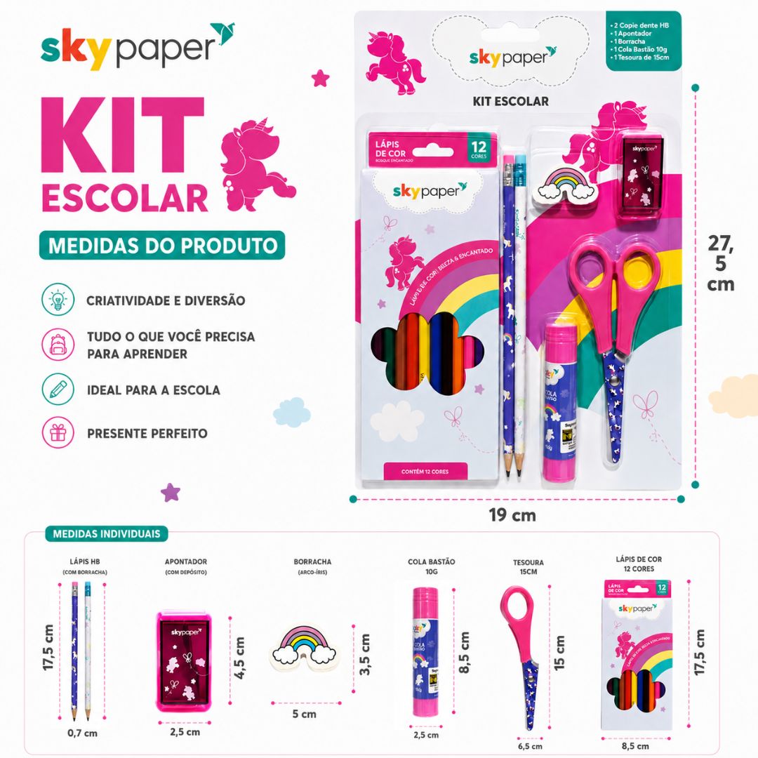 Kit Escolar Unicôrnio c/7 Peças Lápis de Cor Tesoura Cola Borracha Apontador Volta as Aulas Infantil - Imagem 3