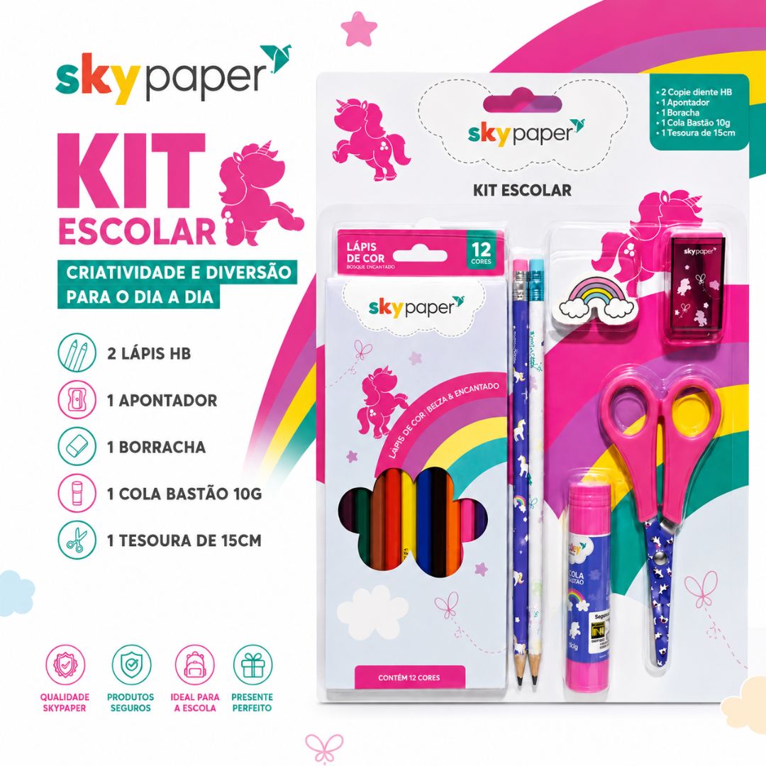 Kit Escolar Unicôrnio c/7 Peças Lápis de Cor Tesoura Cola Borracha Apontador Volta as Aulas Infantil - Imagem 2