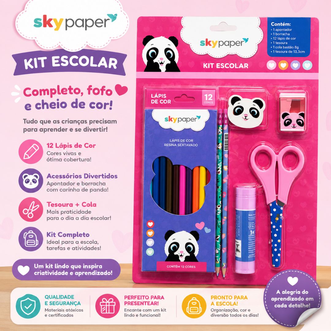 Kit Escolar Urso Panda C/7 Peças Volta as Aulas Desenhar Colorir Atividades Organização Qualidade Praticidade Diversão E - Imagem 2