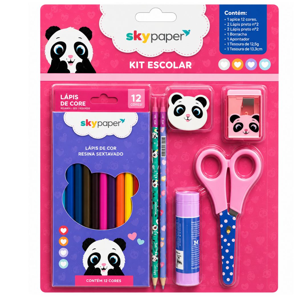Kit Escolar Urso Panda C/7 Peças Volta as Aulas Desenhar Colorir Atividades Organização Qualidade Praticidade Diversão E