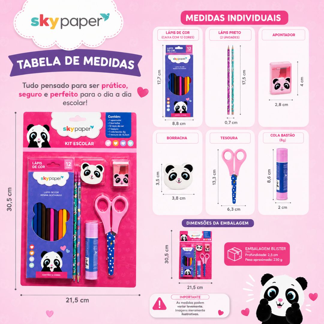 Kit Escolar Urso Panda C/7 Peças Volta as Aulas Desenhar Colorir Atividades Organização Qualidade Praticidade Diversão E - Imagem 3