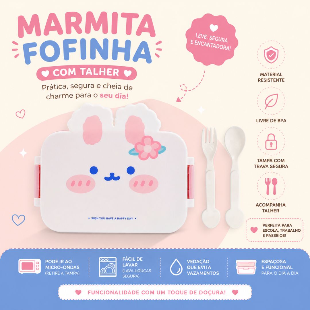 Marmita Infantil Com Talheres Coelho Escolar Passeio Criança Lanche Almoço Jantar Viagem Resistente Espaços - Imagem 2