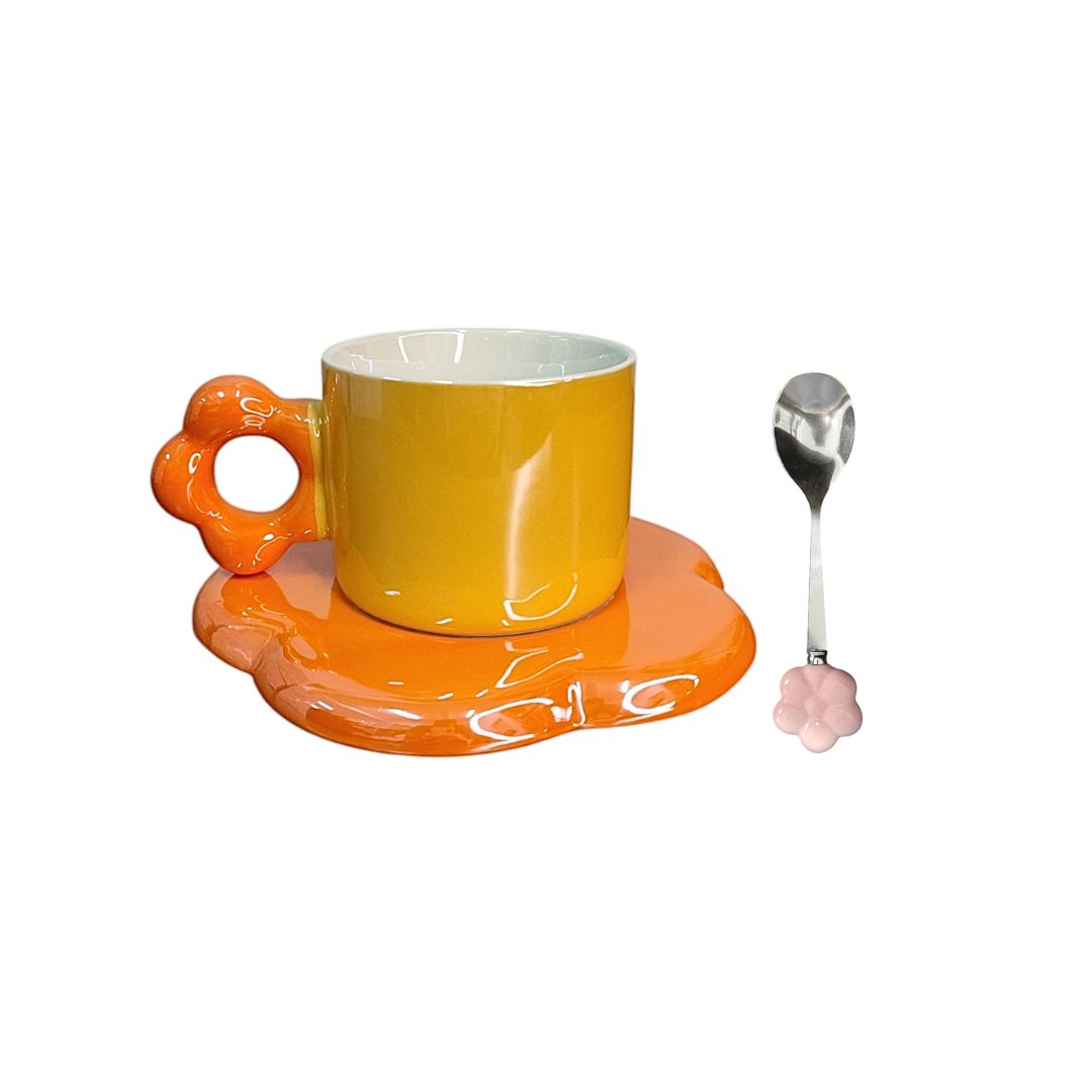 Xícara De Cerâmica Pires E Colher Flor Verde Pessêgo Laranja Azul Mãe Café Chá Presente Minimalista Delicado Mesa Posta - Imagem 4