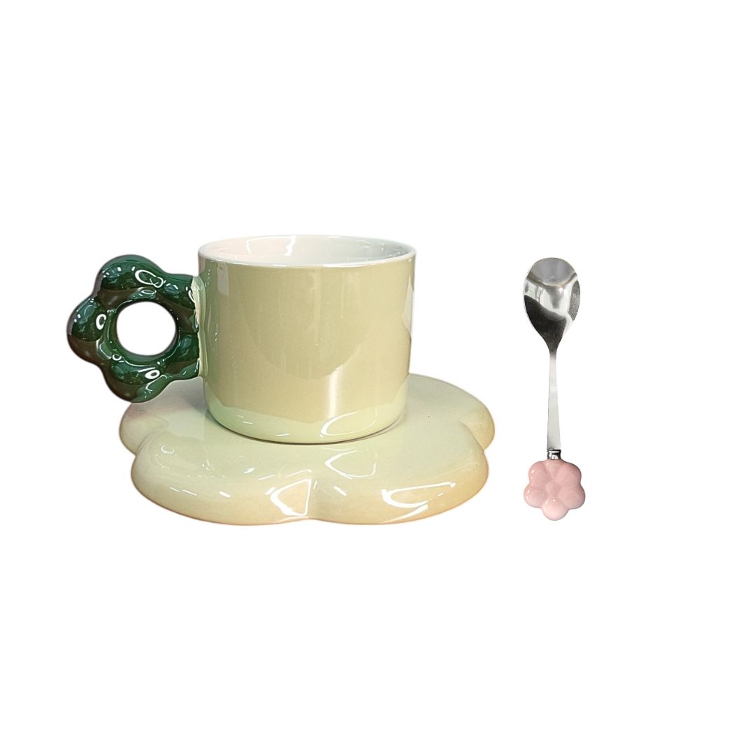 Xícara De Cerâmica Pires E Colher Flor Verde Pessêgo Laranja Azul Mãe Café Chá Presente Minimalista Delicado Mesa Posta - Imagem 2
