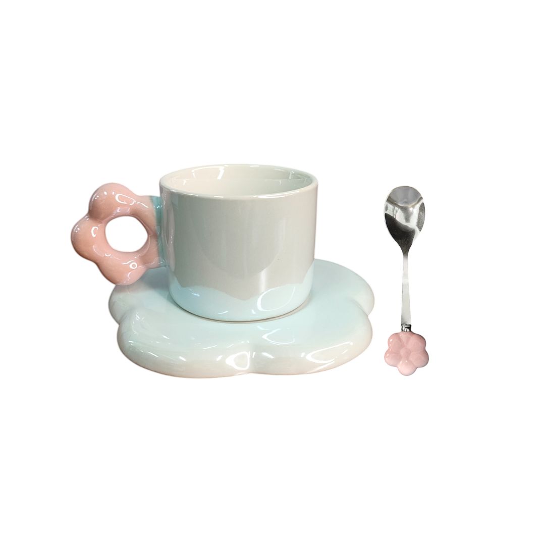 Xícara De Cerâmica Pires E Colher Flor Verde Pessêgo Laranja Azul Mãe Café Chá Presente Minimalista Delicado Mesa Posta - Imagem 3