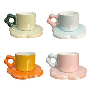 Xícara De Cerâmica Pires E Colher Flor Verde Pessêgo Laranja Azul Mãe Café Chá Presente Minimalista Delicado Mesa Posta