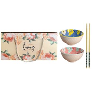 Kit Bowl Cerâmica 02 Peças Com Hashi Louça Oriental Mesa Posta Jantar Almoço Japonesa Sushi Lamen Sopas Presente