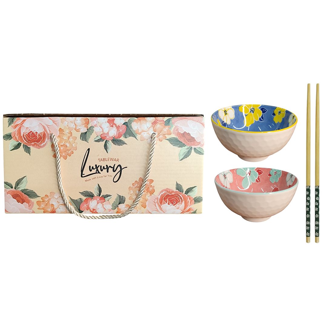 Kit Bowl Cerâmica 02 Peças Com Hashi Louça Oriental Mesa Posta Jantar Almoço Japonesa Sushi Lamen Sopas Presente