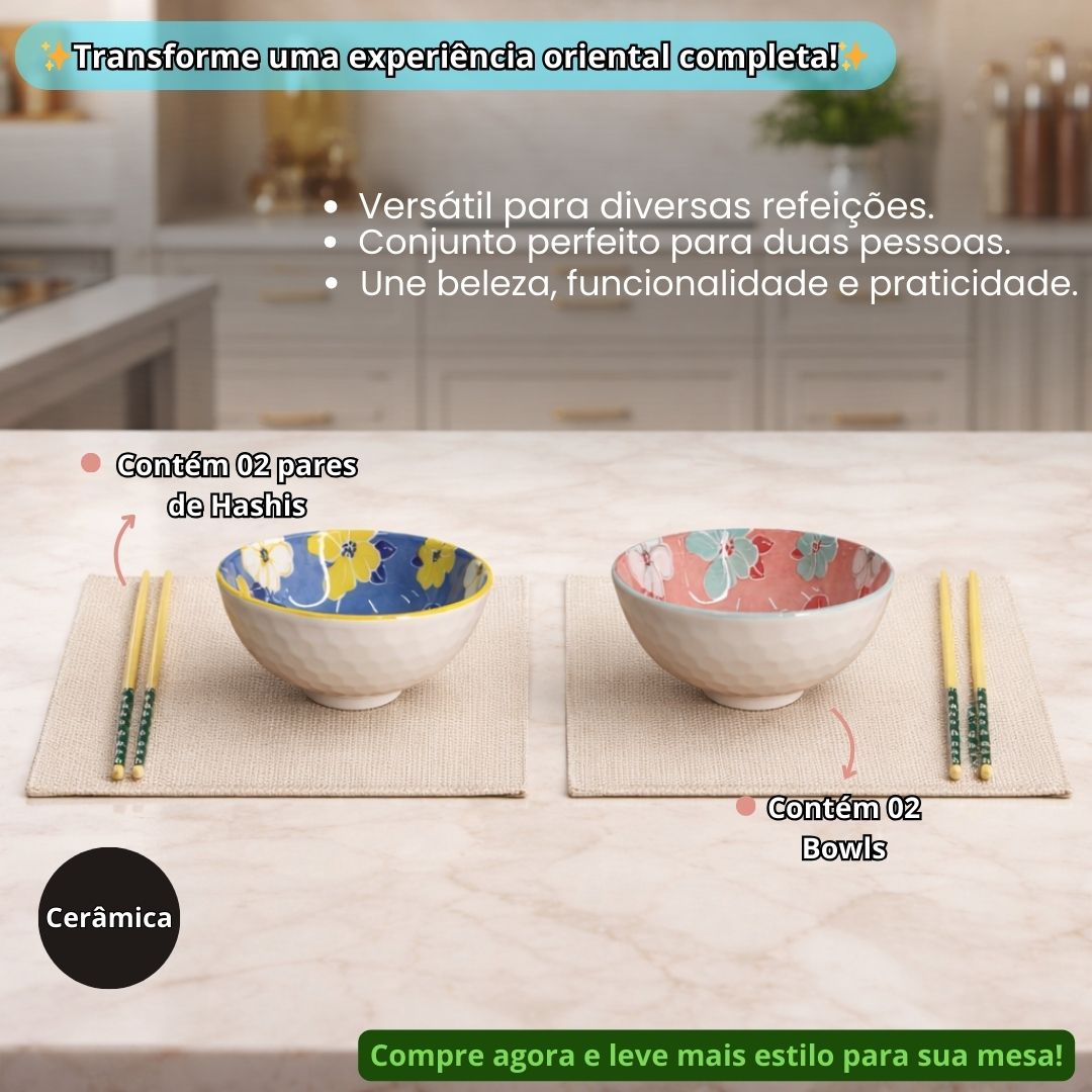 Kit Bowl Cerâmica 02 Peças Com Hashi Louça Oriental Mesa Posta Jantar Almoço Japonesa Sushi Lamen Sopas Presente - Imagem 2