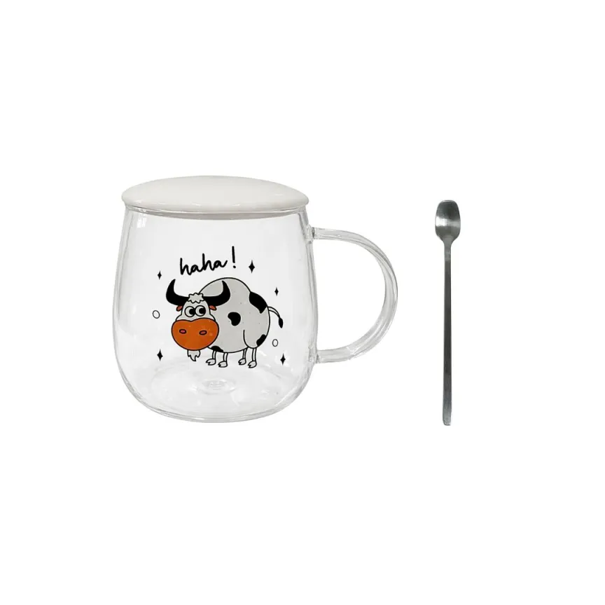 Caneca De Vidro Vaquinha Frases Com Tampa Colher Temática Café Chá Mãe Presente Criativo Mesa Posta - Imagem 3