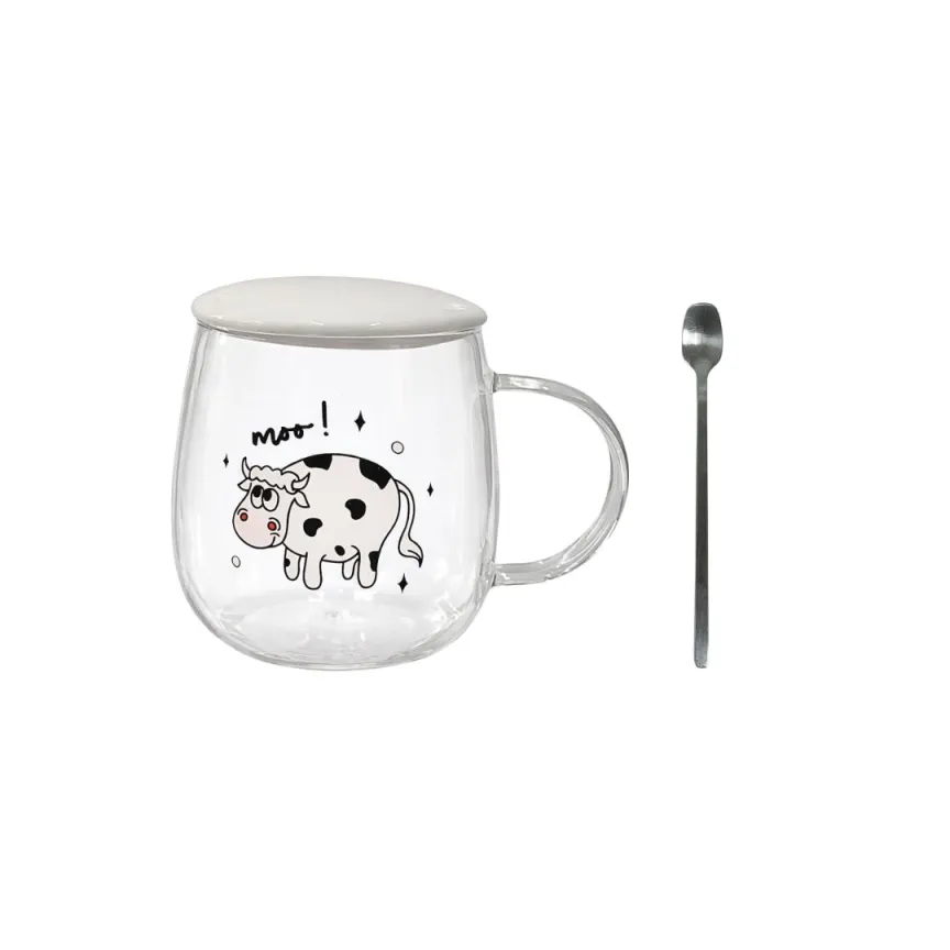 Caneca De Vidro Vaquinha Frases Com Tampa Colher Temática Café Chá Mãe Presente Criativo Mesa Posta - Imagem 5