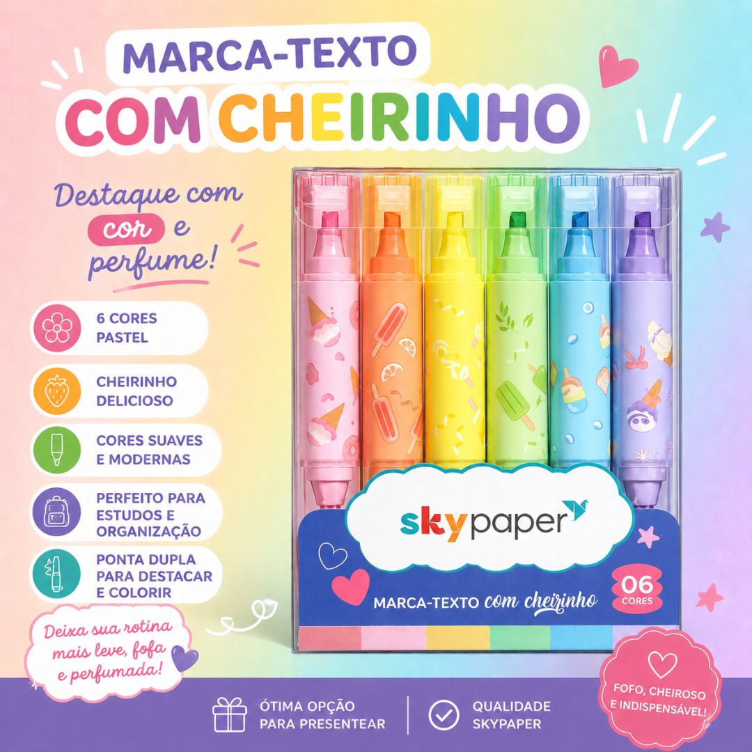 Marca Texto 6 Cores C/Cheirinho Ponta Dupla Escolar Desenho Estudo Ilustração Criativo Pintura Artes Organização - Imagem 2