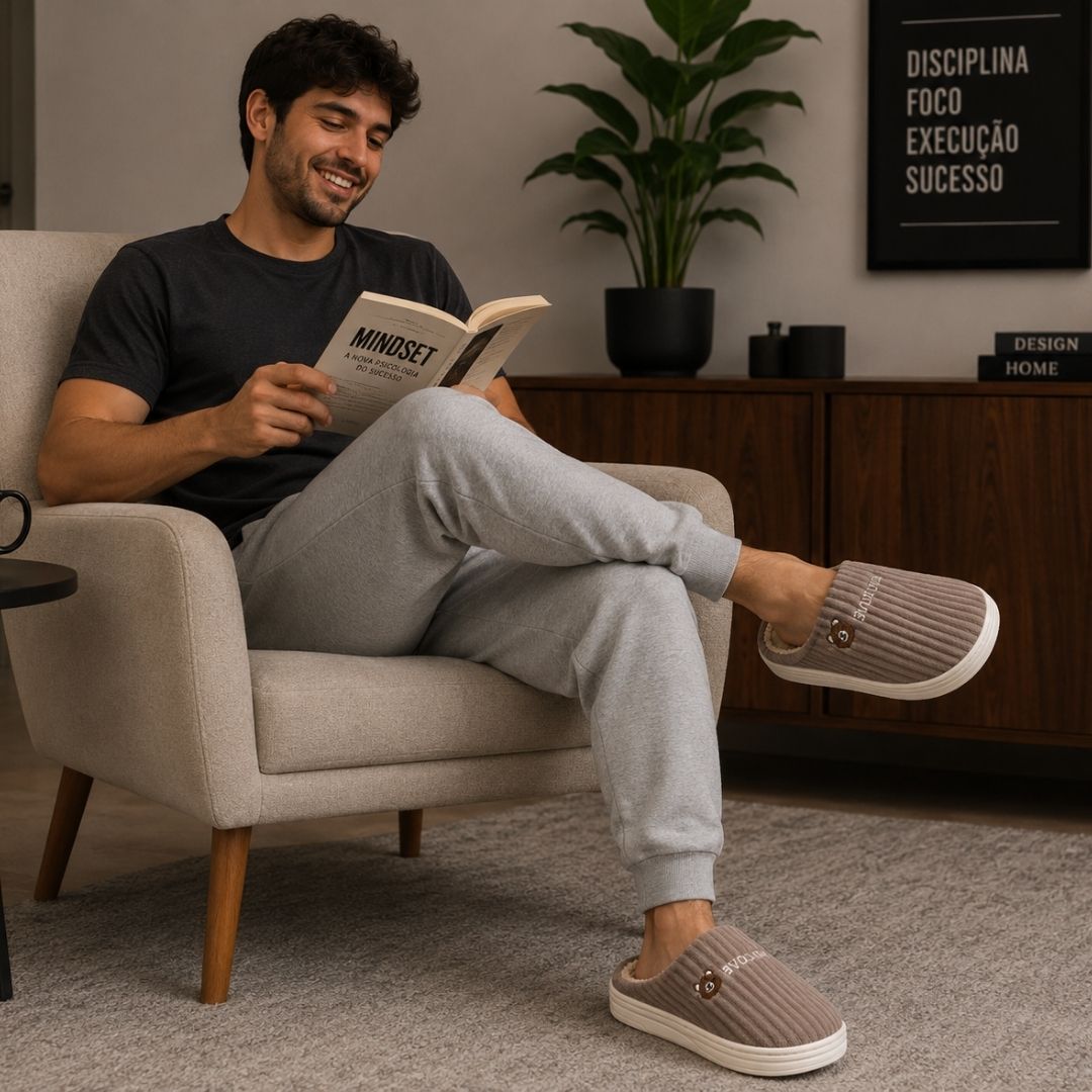 Pantufa Adulto Marrom Masculina Inverno Peluciada Confortavel Antiderrapante Pai Comfort Frio Quarto Chinelo - Imagem 4