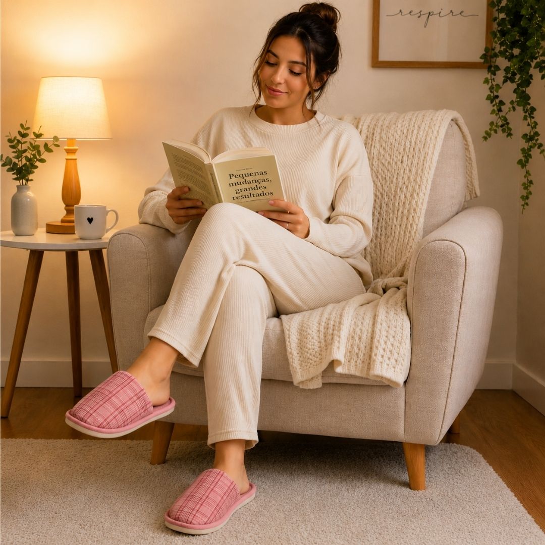 Pantufa Feminina Xadrez Vermelha Frio Inverno Presente Quarto Peluciada Chinelo Confort - Imagem 3