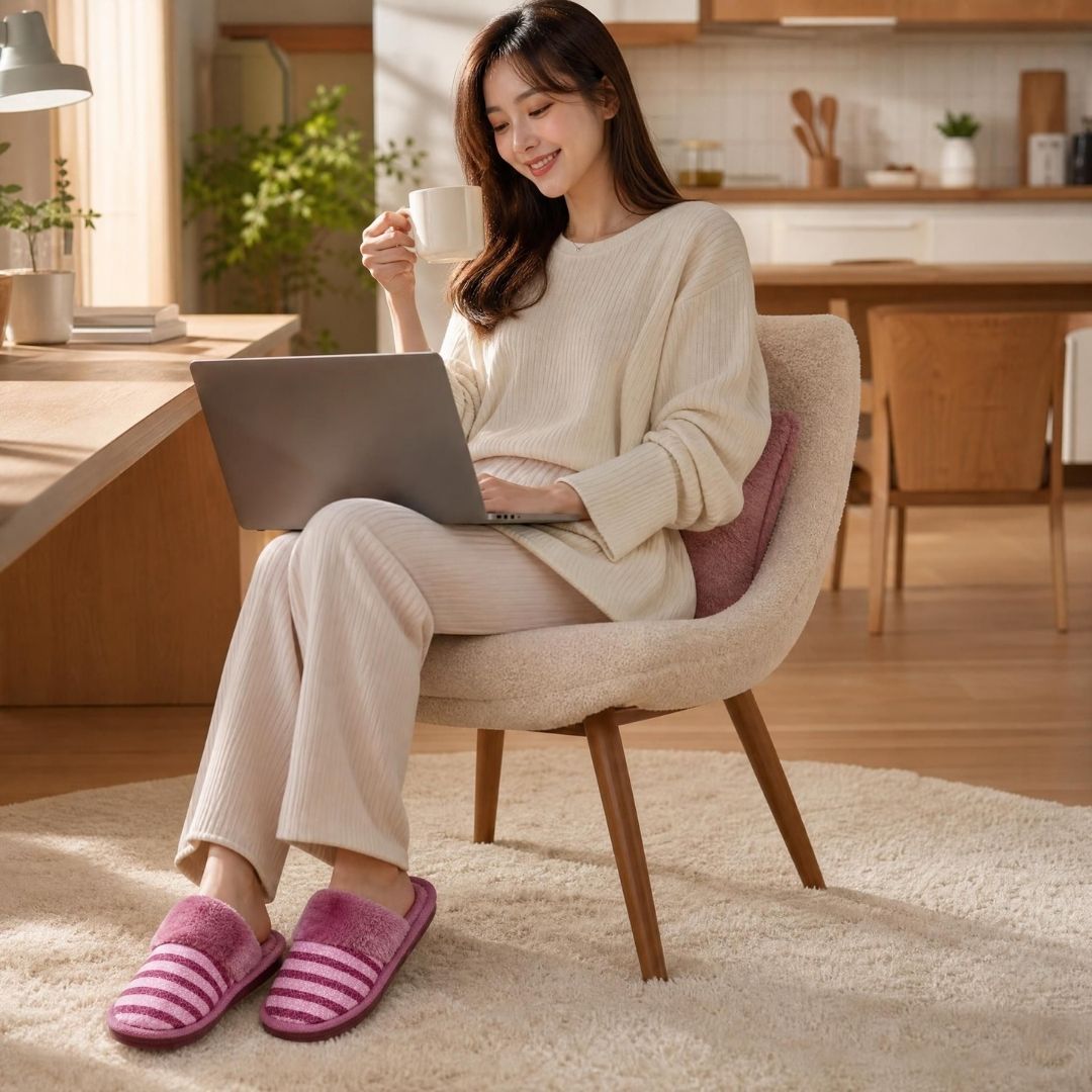 Pantufa Feminina Lilás Listrada Adulto Quarto Chinelo Frio Inverno Antiderrapante Comfort Mãe - Imagem 3