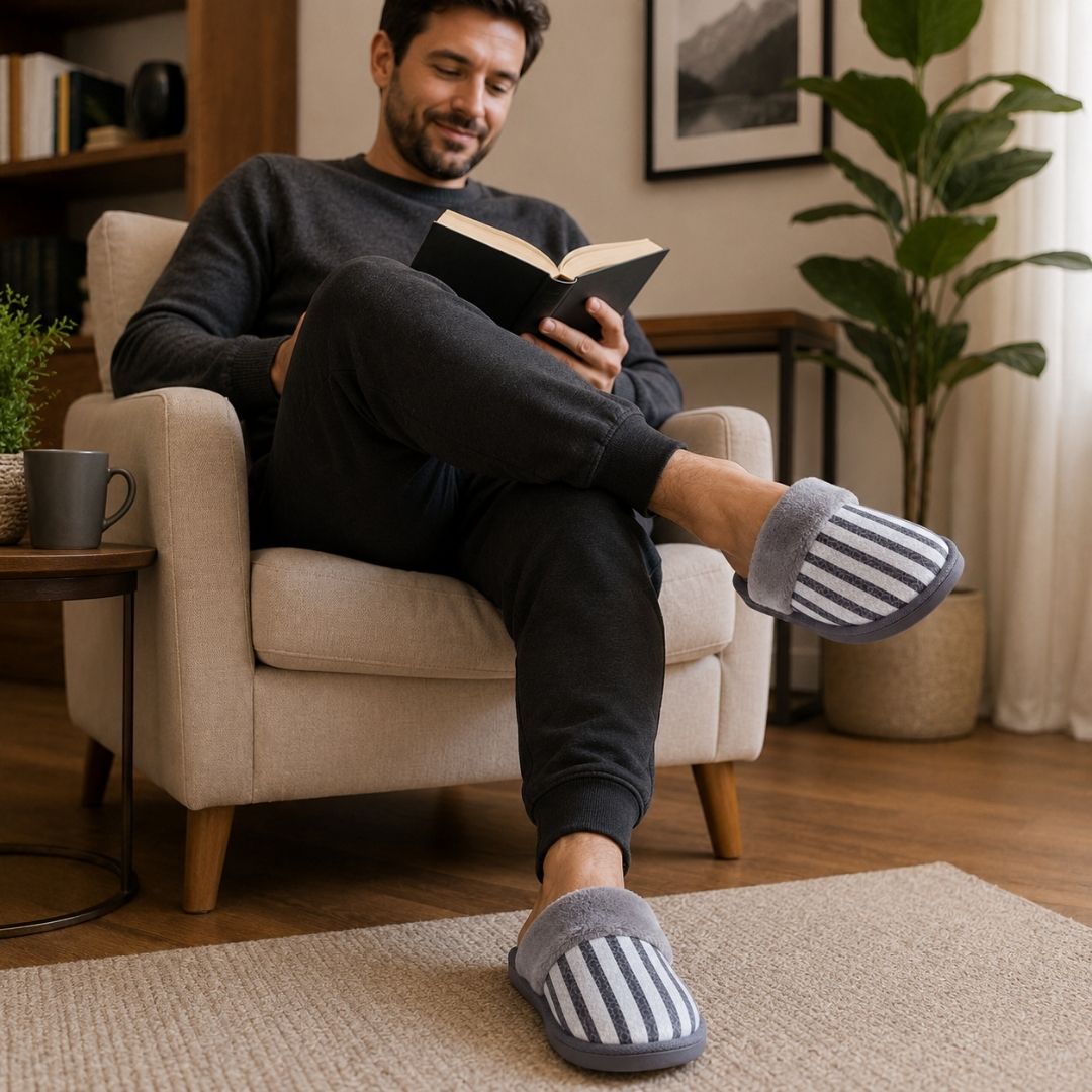 Pantufa Unissex Cinza Listrada Adulto Quarto Chinelo Frio Inverno Antiderrapante Comfort Pai - Imagem 3
