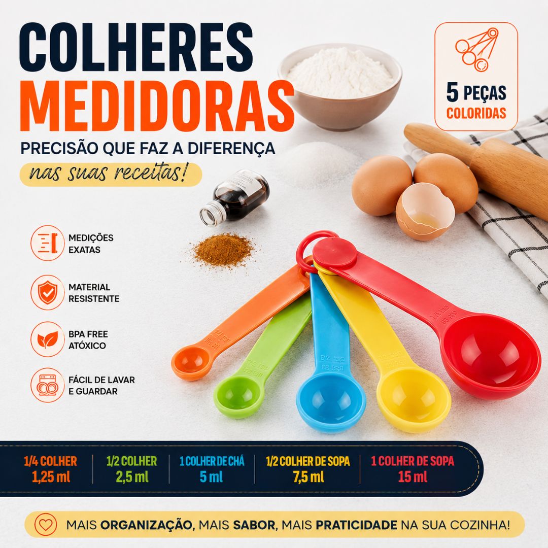 Colher Medidora Colorida 5 Peças Cozinha Culinária Receitas Confeitaria Bolo Torta Precisa Alta Qualidade - Imagem 2