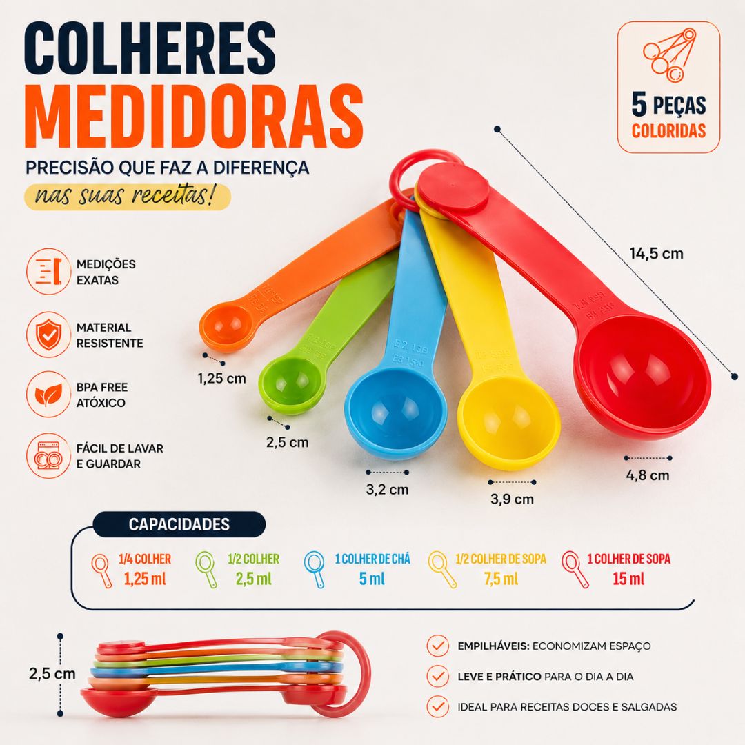 Colher Medidora Colorida 5 Peças Cozinha Culinária Receitas Confeitaria Bolo Torta Precisa Alta Qualidade - Imagem 5
