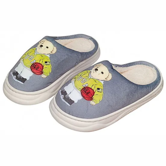 Pantufa Infantil Cinza Unissex Urso Amarelo Antiderrapante Criança Inverno Frio Chinelo Confortável Aconchegante