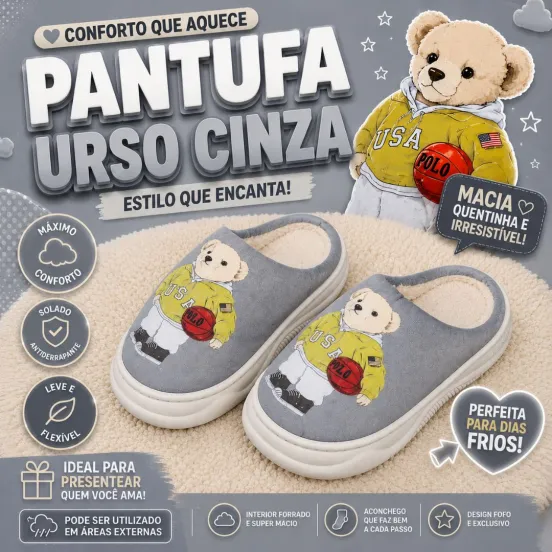 Pantufa Infantil Cinza Unissex Urso Amarelo Antiderrapante Criança Inverno Frio Chinelo Confortável Aconchegante - Imagem 2