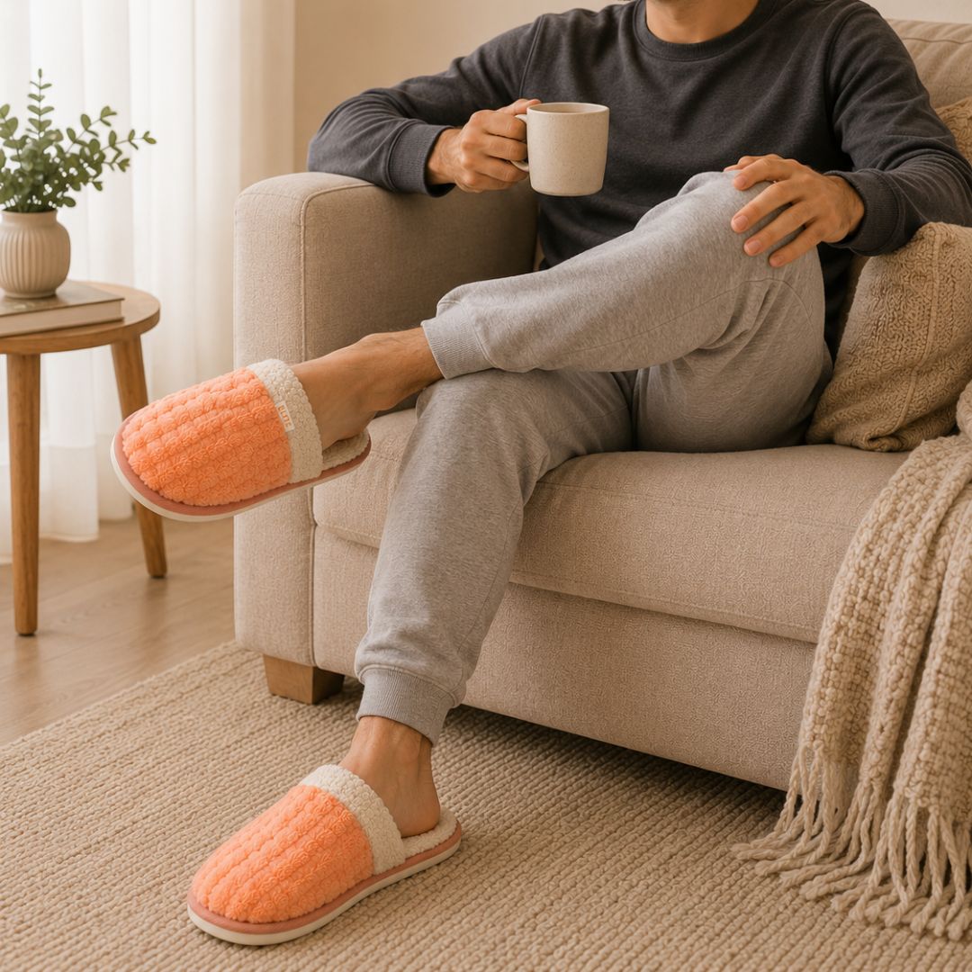 Pantufa Laranja Peluciada Comfort Inverno Chinelo Quente Frio Pai Mãe Adulto Unissex Fleece Antiderrapante Comfortável - Imagem 4