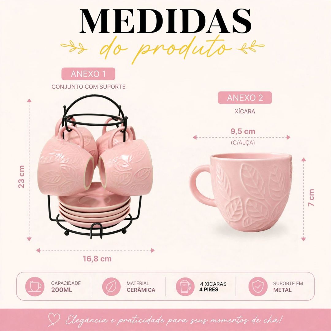 Conjunto de 4 xícaras para chá Rosa 200ml Cerâmica Café Chá Mesa Posta Resistente Sofisticado Presente Amiga Mãe Moderna - Imagem 5
