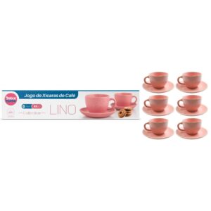 Jogo de Xícara de Café Com Pires Rosa c/ 06 peças Cerâmica 85ml Moderno Elegante Mesa Posta Presente