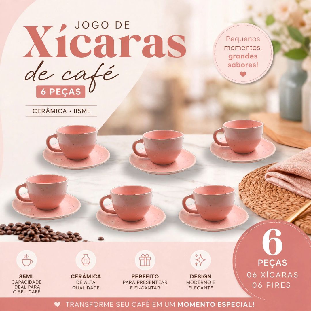 Jogo de Xícara de Café Com Pires Rosa c/ 06 peças Cerâmica 85ml Moderno Elegante Mesa Posta Presente - Imagem 2