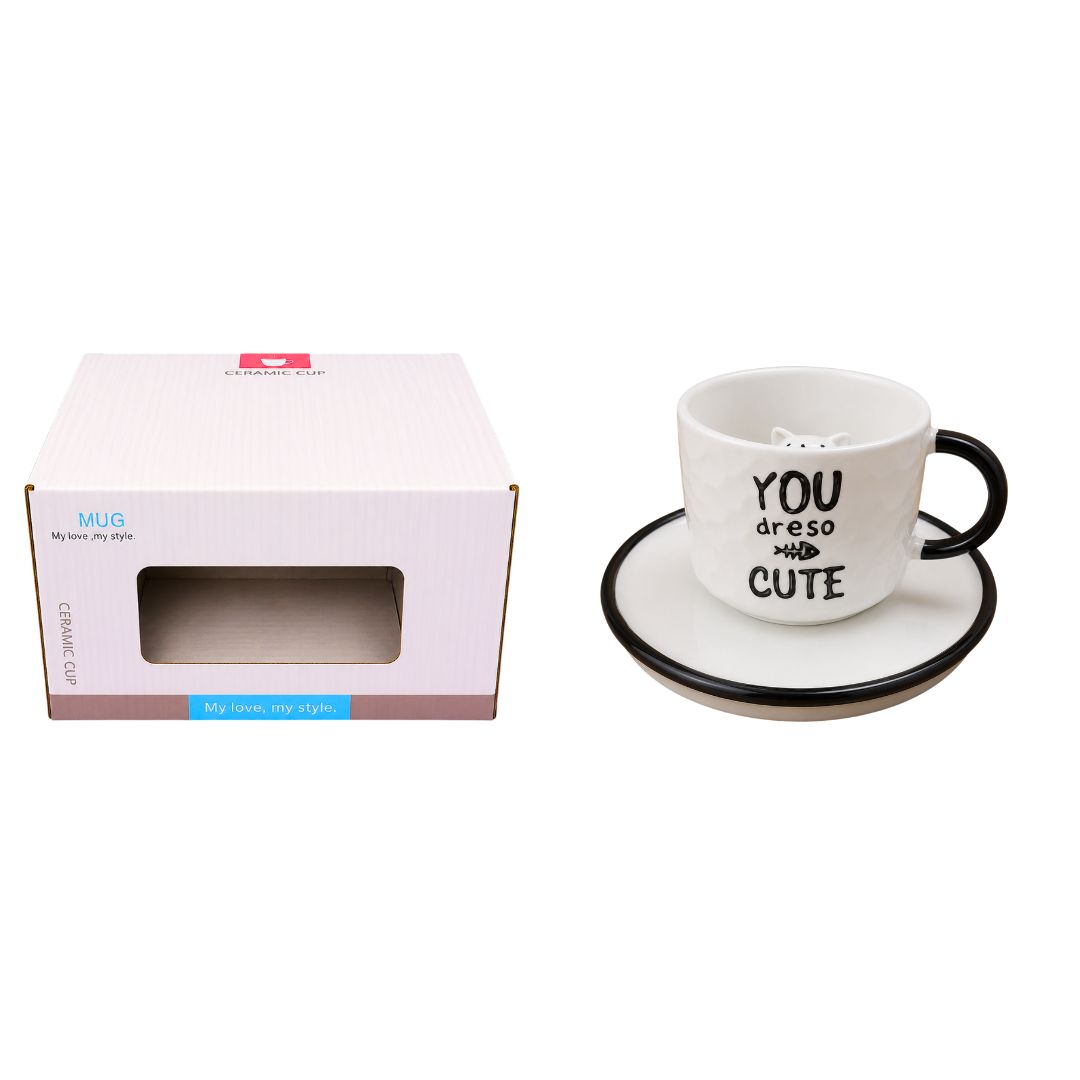 Xícara de Cerâmica c/ Pires Gato Interno Frases 220ml Café Chá Mesa Posta Decorativa Presente Mãe Amiga Fofo - Imagem 4
