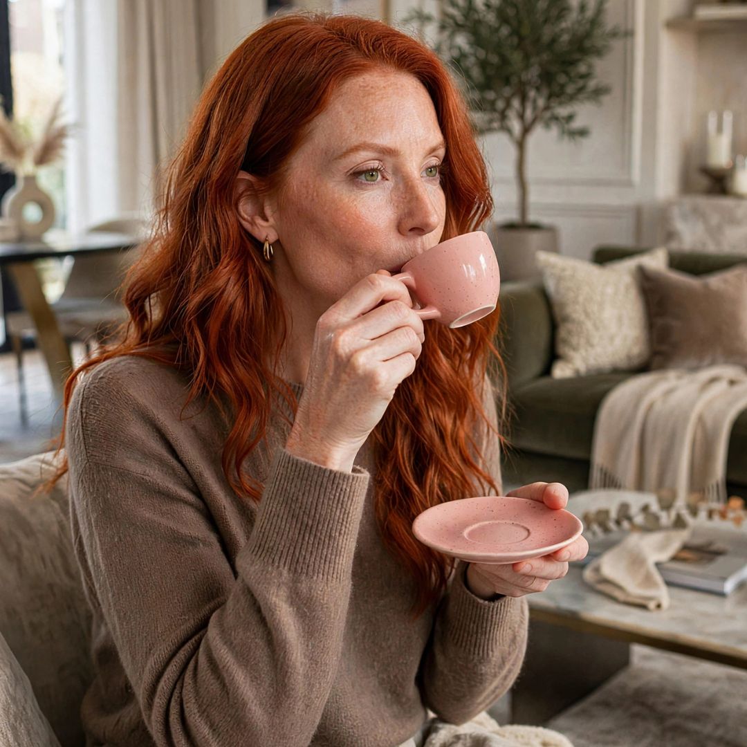 Jogo de Xícara de Café Com Pires Rosa c/ 06 peças Cerâmica 85ml Moderno Elegante Mesa Posta Presente - Imagem 4