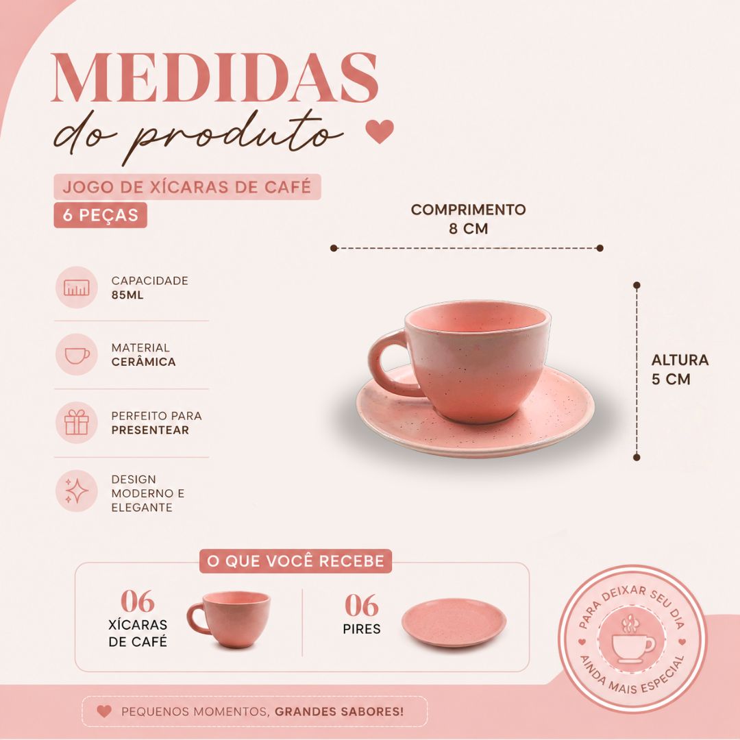 Jogo de Xícara de Café Com Pires Rosa c/ 06 peças Cerâmica 85ml Moderno Elegante Mesa Posta Presente - Imagem 5