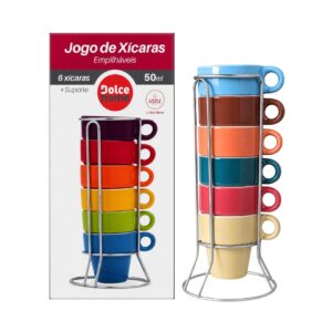Jogo 6 xícaras 50ml Multicolorido Empilháveis c/Suporte Cerâmica Café Presente Cozinha Mesa Posta