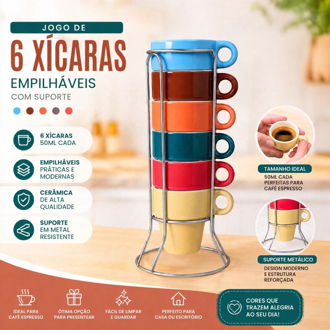 Jogo 6 xícaras 50ml Multicolorido Empilháveis c/Suporte Cerâmica Café Presente Cozinha Mesa Posta - Imagem 2