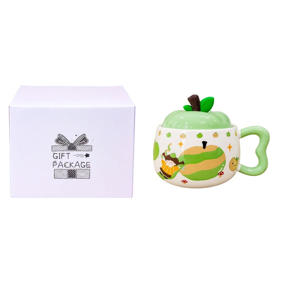 Caneca de Cerâmica c/ Tampa Maçã Rosa Lilás Laranja Verde 300ml Café da Manhã Chá Bebidas Quentes Mesa Posta Presente Fr - Imagem 5