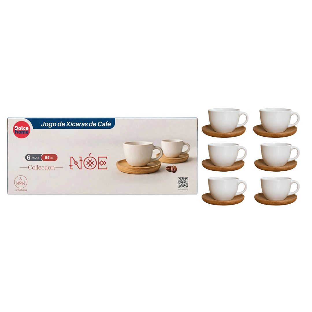 Jogo de 6 Xícaras de Café com Pires de Madeira 85ml Porcelana Branca Bambu Sofisticado Elegante Mesa Posta Presente